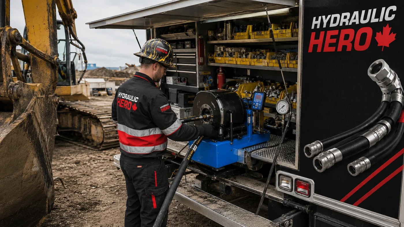 Fully stocked mobile hydraulic hose repair van — hoses, fittings, and crimper on board.