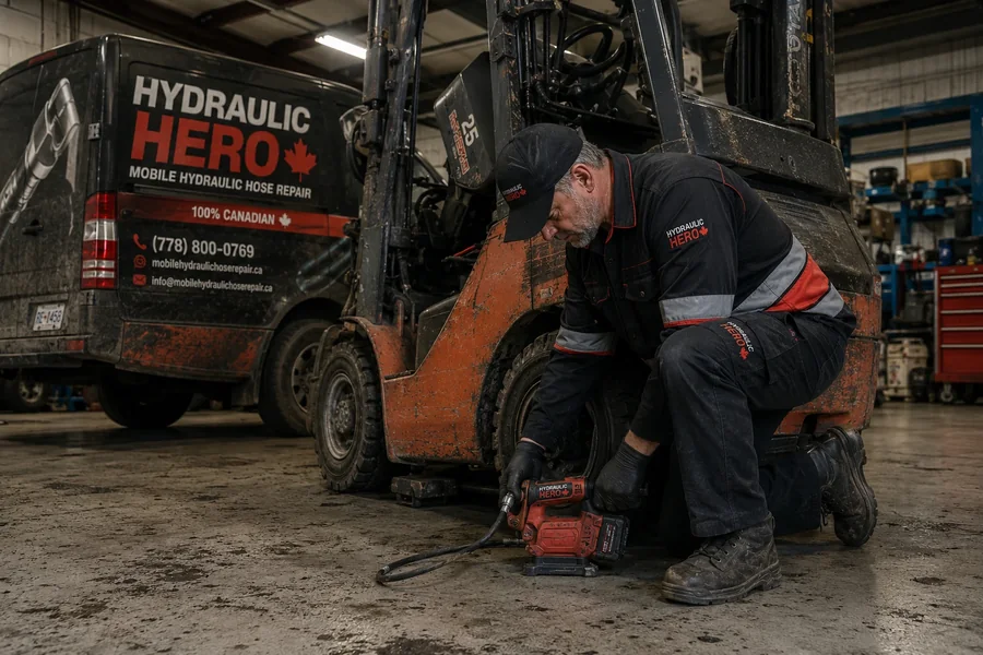 On-site forklift hydraulic hose replacement in a Surrey warehouse.